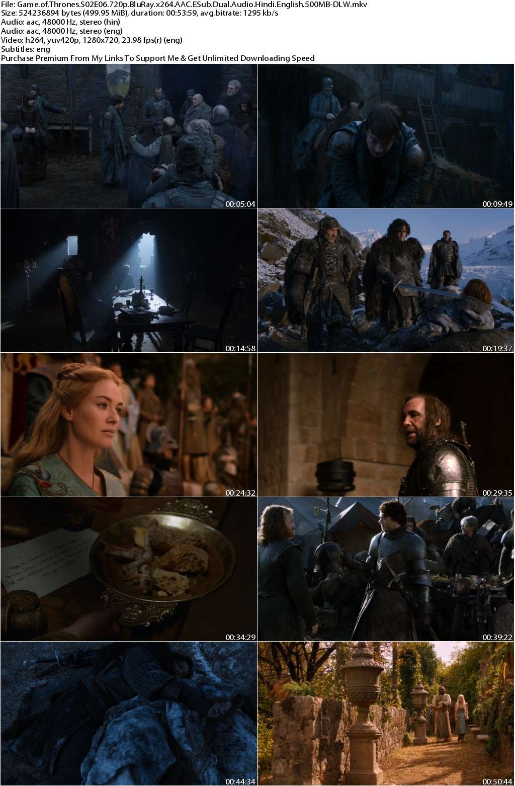 Game of Thrones S02E06 720p BluRay x264 AAC ESub Dual Audio Hindi English 500MB-DLW